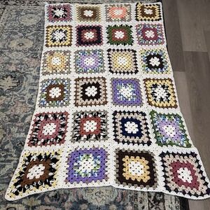 Vintage Crochet Granny Square 38 in W x 60 in Blanket Handmade Throw Roseanne